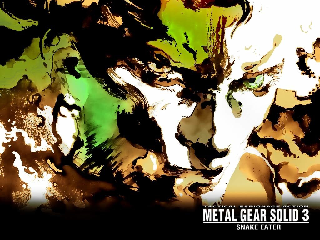 Artistic illustration featuring a close-up of a character’s face from the video game Metal Gear Solid 3: Snake Eater, blending earthy tones with vivid greens.