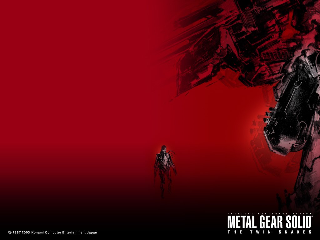 A dramatic red background features a lone character from the video game Metal Gear Solid: The Twin Snakes, with a distinct mechanical arm visible, emphasizing the game's stealth theme.