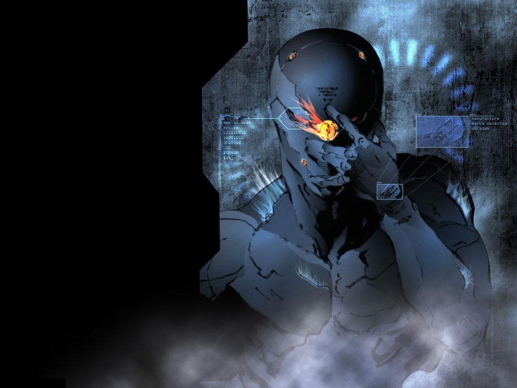 Dark, stealthy figure from the Metal Gear video game series, set against a smoky, tech-inspired background with glowing blue and orange highlights.