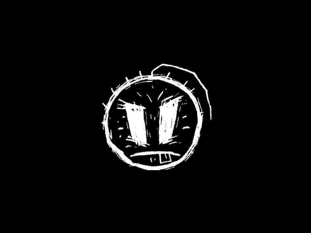 A humorous and expressive smiley face outlined in white against a black background, featuring exaggerated eyes and a quirky mouth, adds a playful touch to the image.