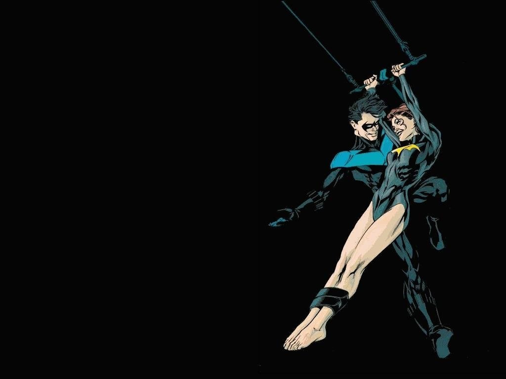 Nightwing, featuring Dick Grayson, swings into action with Barbara Gordon in this dynamic DC Comics scene. Both are bare-footed, highlighting their acrobatic prowess.