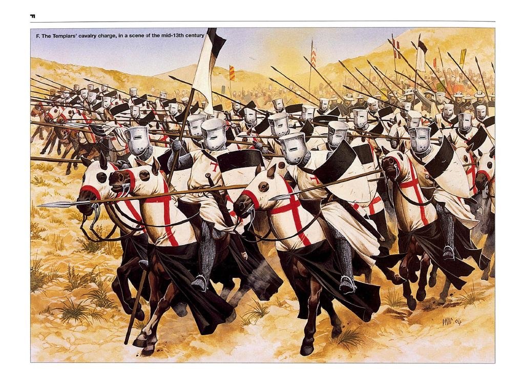 A dynamic scene depicting medieval soldiers in armor, charging on horseback during a military campaign in the 12th century, showcasing historic battle formations.