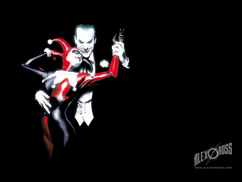 Joker and Harley Quinn dance together in a striking comic-style portrayal, emphasizing their chaotic relationship within the Batman universe against a dark background.