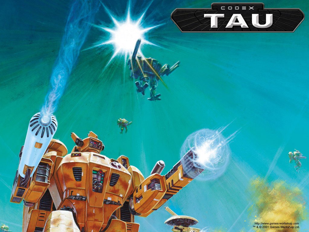 A dynamic scene from the Warhammer video game featuring a Tau mech firing energy blasts, set against a vibrant blue and green background with drones flying above.