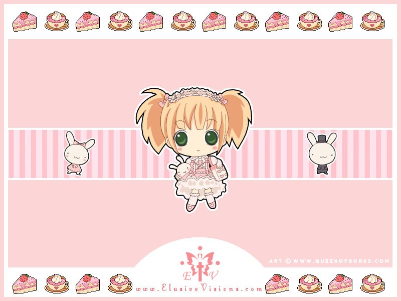 A cute original anime character with orange hair and pigtails stands among decorative cakes and adorable bunnies against a pink backdrop. Perfectly whimsical and playful.