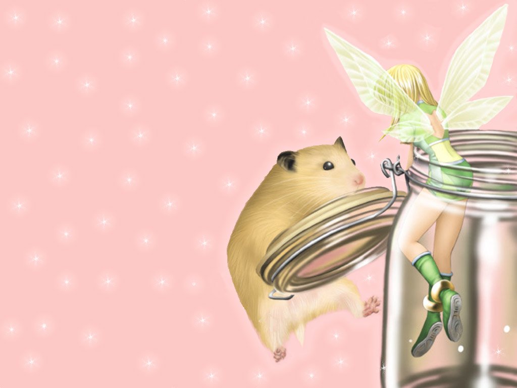 A whimsical scene featuring a fairy emerging from a jar, while a curious hamster watches. The background sparkles, enhancing the fantasy theme.