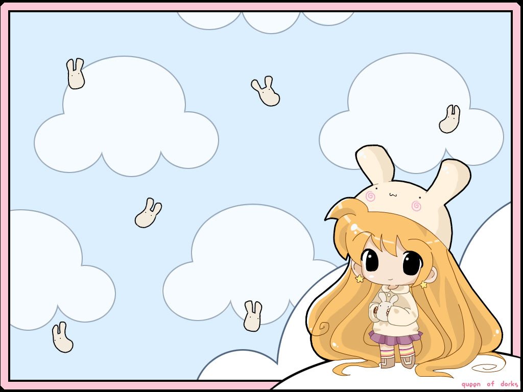 A cute anime child with long blonde hair, wearing a bunny hat, stands against a light blue sky with fluffy clouds and playful bunny ears floating.