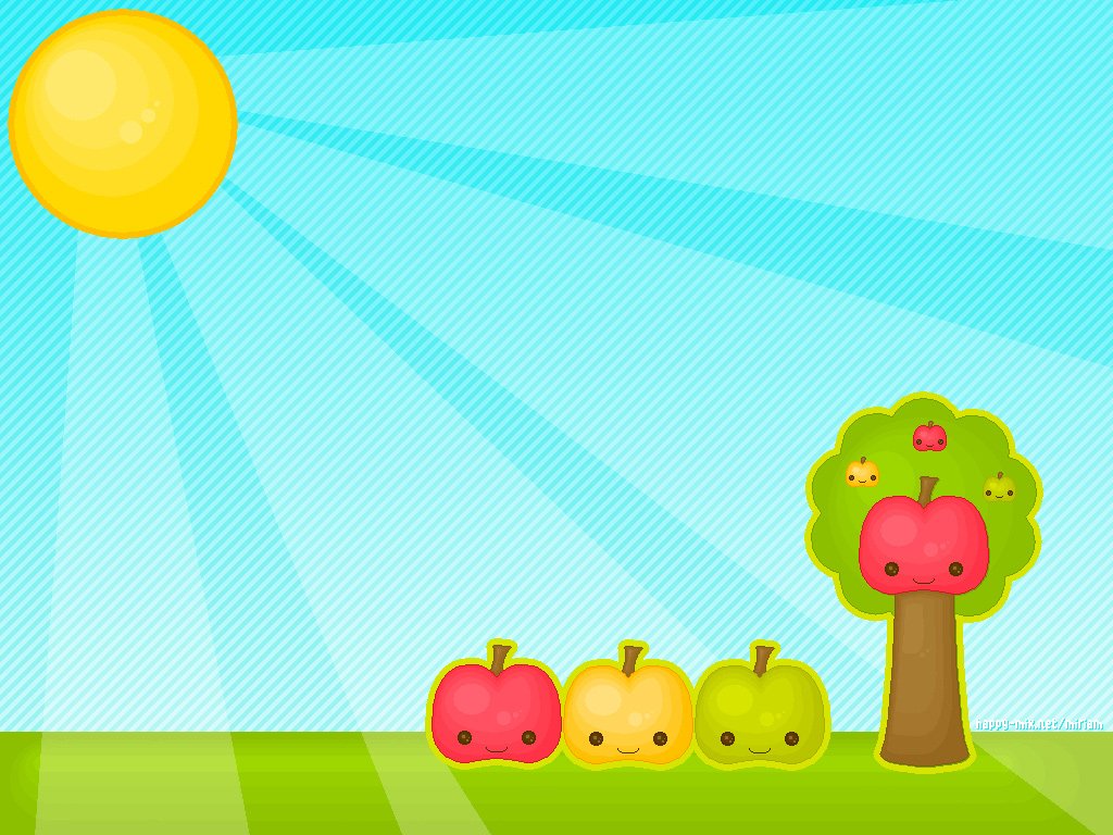 A bright illustration features a tree with a red apple and three colorful apples in front, basking under a sunny sky with rays shining down.