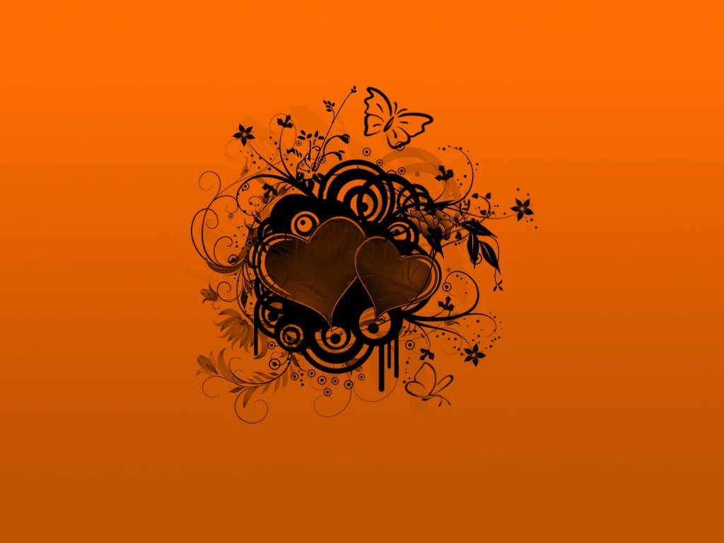 A vibrant orange background features an artistic vector design with swirling patterns, flowers, a butterfly, and two intertwined hearts at the center.