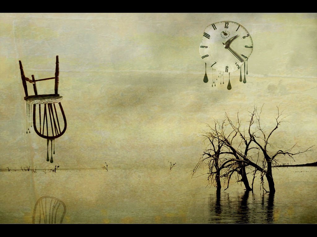 A surreal artistic landscape featuring a chair floating over water, a clock dripping time, and leafless trees, creating an otherworldly atmosphere of dreamlike imagery.