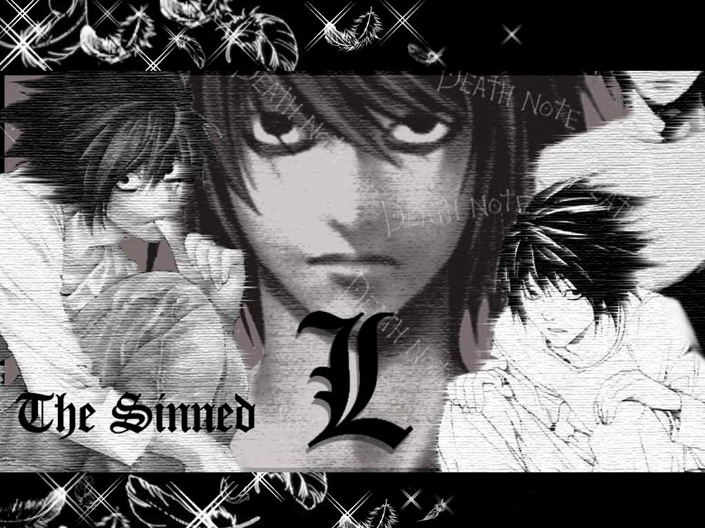 A black and white collage featuring L from Death Note, showcasing various poses and expressions alongside the text The Sinned and the series title in a stylized font.