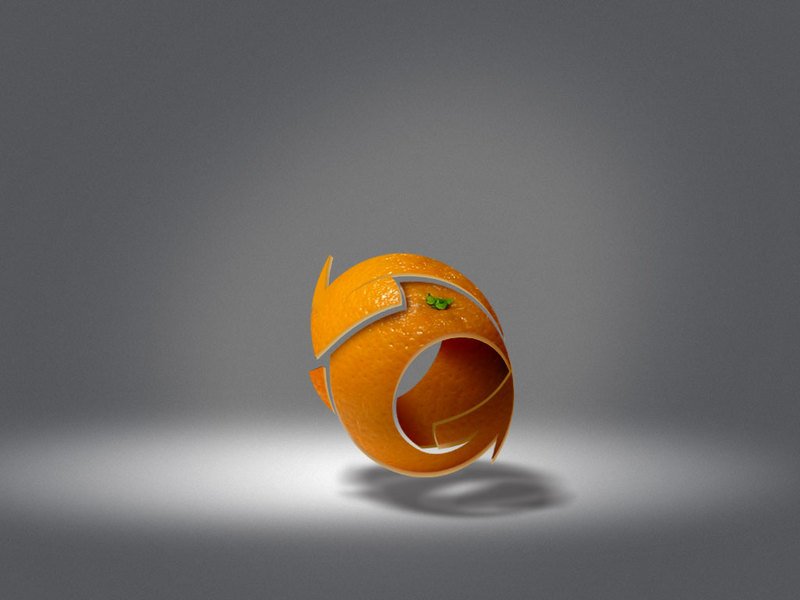 An abstract artistic representation of an orange fruit, shaped like a swirling arrow, against a soft gradient background, highlighting its vibrant color and texture.