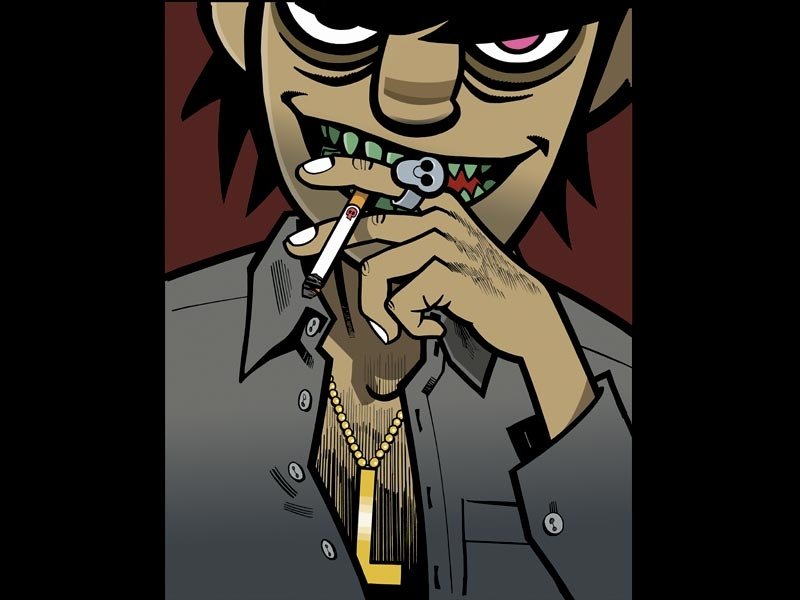 A stylized cartoon character from the band Gorillaz, sporting a cigarette and adorned with jewelry, exudes a mischievous and rebellious vibe.