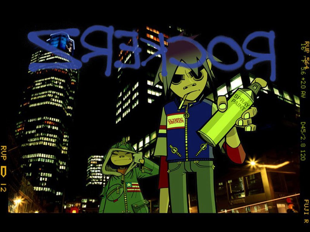 Animated characters from the band Gorillaz stand in a vibrant cityscape at night, showcasing a graffiti-style vibe with spray paint and urban aesthetics.