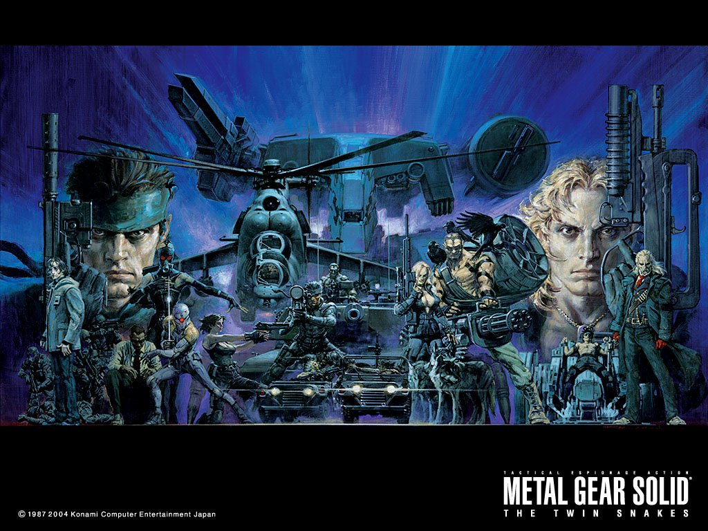 Artwork collage featuring key characters and a helicopter from the video game Metal Gear Solid: The Twin Snakes, set against a dramatic blue-purple background.