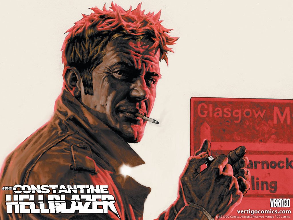 John Constantine, the iconic DC Comics occult detective from Constantine: Hellblazer, is shown smoking a cigarette with a gritty expression against a city backdrop.