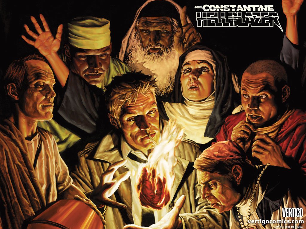 John Constantine from Constantine (DC Comics) is surrounded by diverse characters, all focused on a glowing, mystical heart in this dark, dramatic comic illustration.