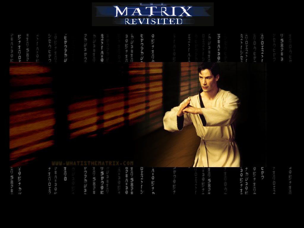 A scene featuring Neo from *The Matrix*, portrayed by Keanu Reeves, in a dramatic pose, set against a backdrop of stylized lighting and digital code elements.