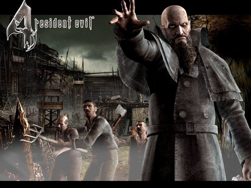 A scene from the video game Resident Evil 4, featuring a menacing character in a long coat, surrounded by hostile figures wielding weapons in an eerie setting.