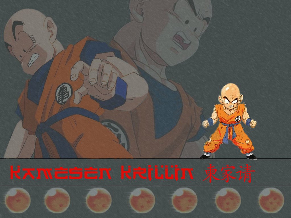 A digital illustration of Krillin from Dragon Ball, showcasing his iconic orange gi and determined expression, surrounded by Dragon Ball Z elements in the background.