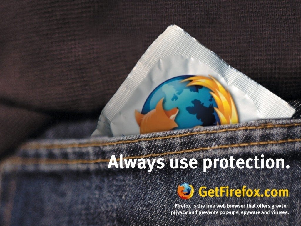 A condom peeks from a denim pocket, promoting Firefox with the caption, Always use protection. Emphasizing online safety, Firefox protects privacy and blocks unwanted content.