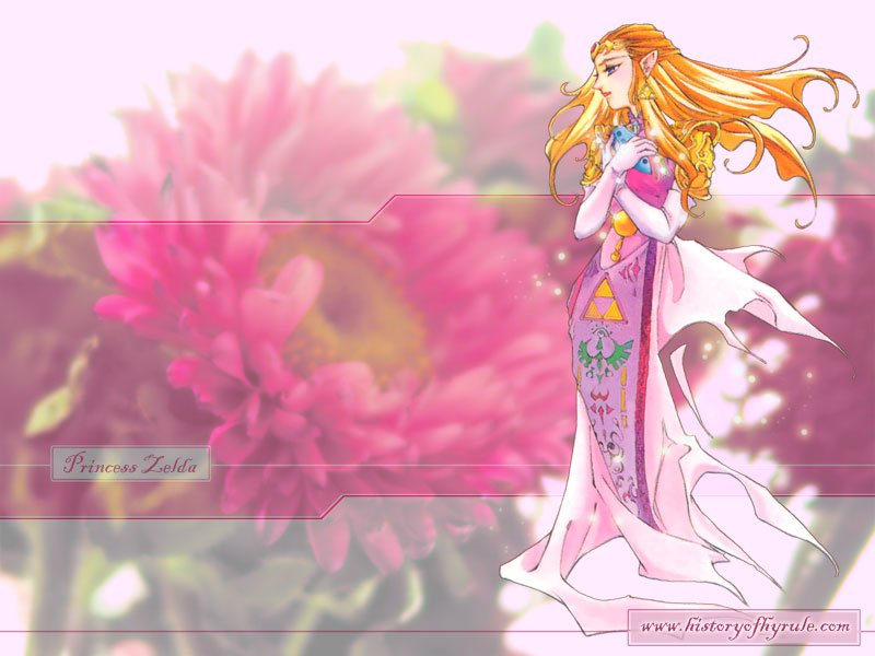 An illustration of Princess Zelda from The Legend of Zelda: Ocarina of Time, featuring her in a flowing gown, set against a soft pink floral background.