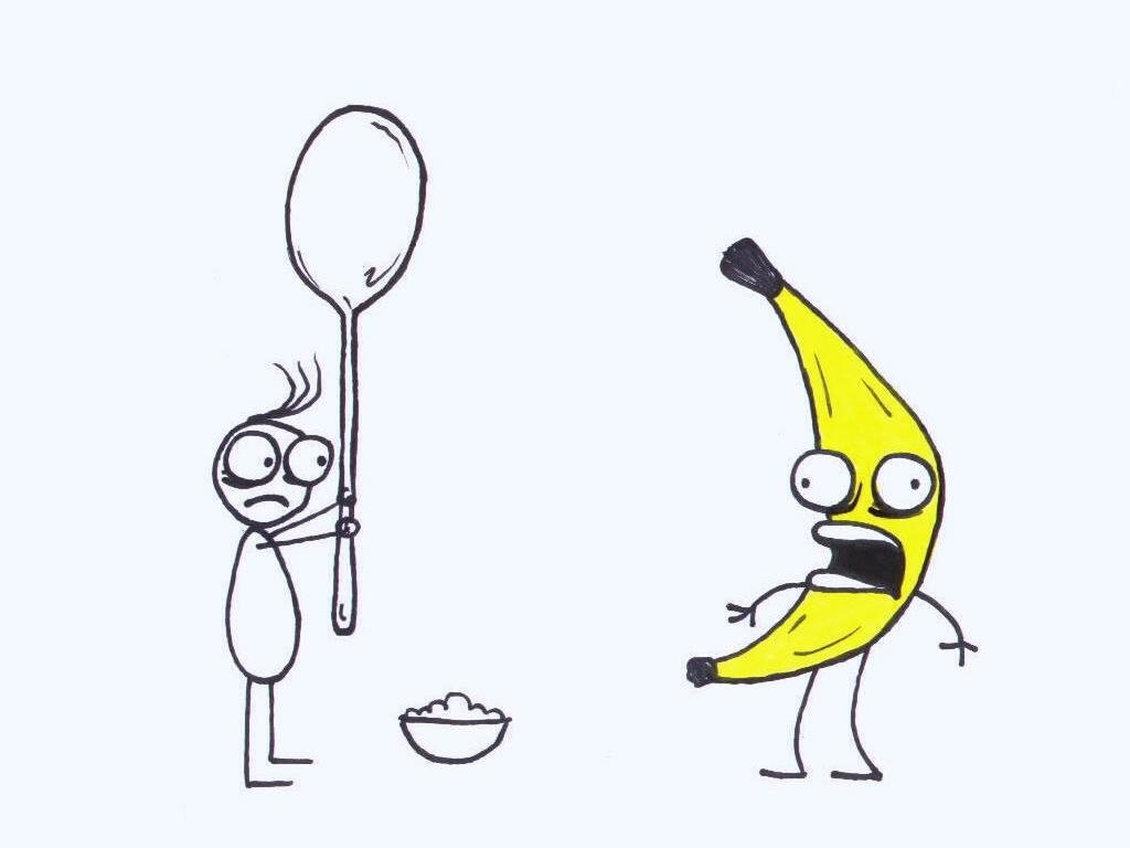 A funny cartoon shows a surprised banana facing a stick figure holding a giant spoon next to a bowl, capturing a humorous breakfast moment.