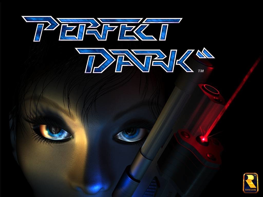 Close-up of a character's face and a futuristic weapon from the video game Perfect Dark, with the game's title prominently displayed above.