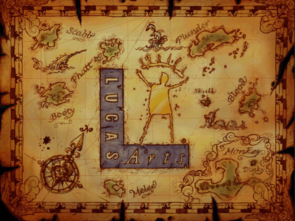 A vintage-style map from the video game Tales of Monkey Island, featuring islands with pirate-themed names and a LucasArts logo at the center.