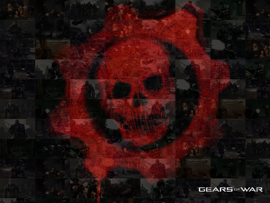 A striking red skull emblem from the video game Gears of War, set against a collage of dark, textured images, capturing the game's intense atmosphere and iconic branding.