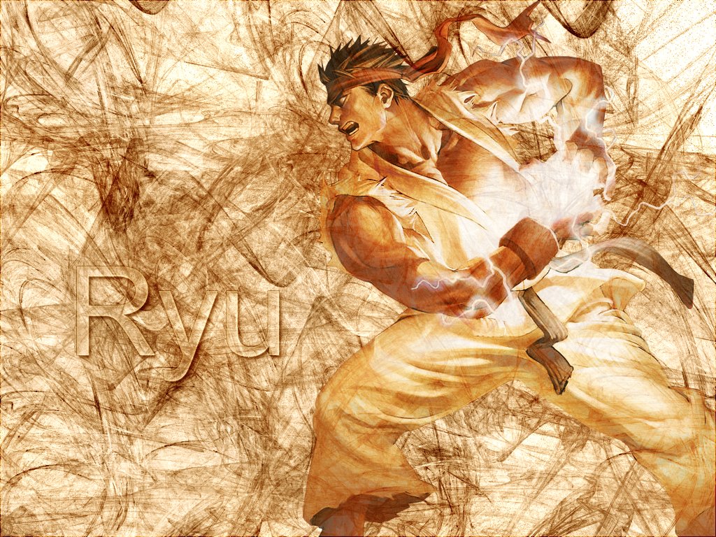 Ryu from Street Fighter is depicted in a dynamic pose, showcasing his fighting stance with a powerful energy surge, set against a textured, warm-toned background.