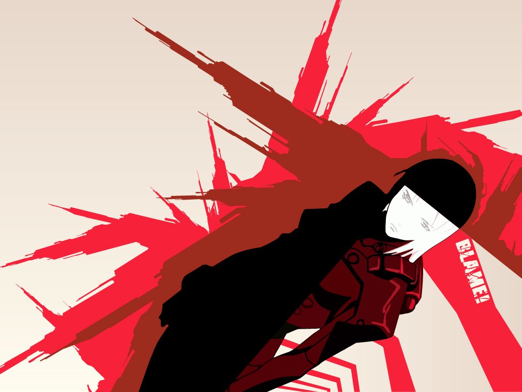 A striking anime artwork from Blame! featuring a character against a backdrop of sharp, red geometric shapes, conveying a sense of tension and dynamic motion.