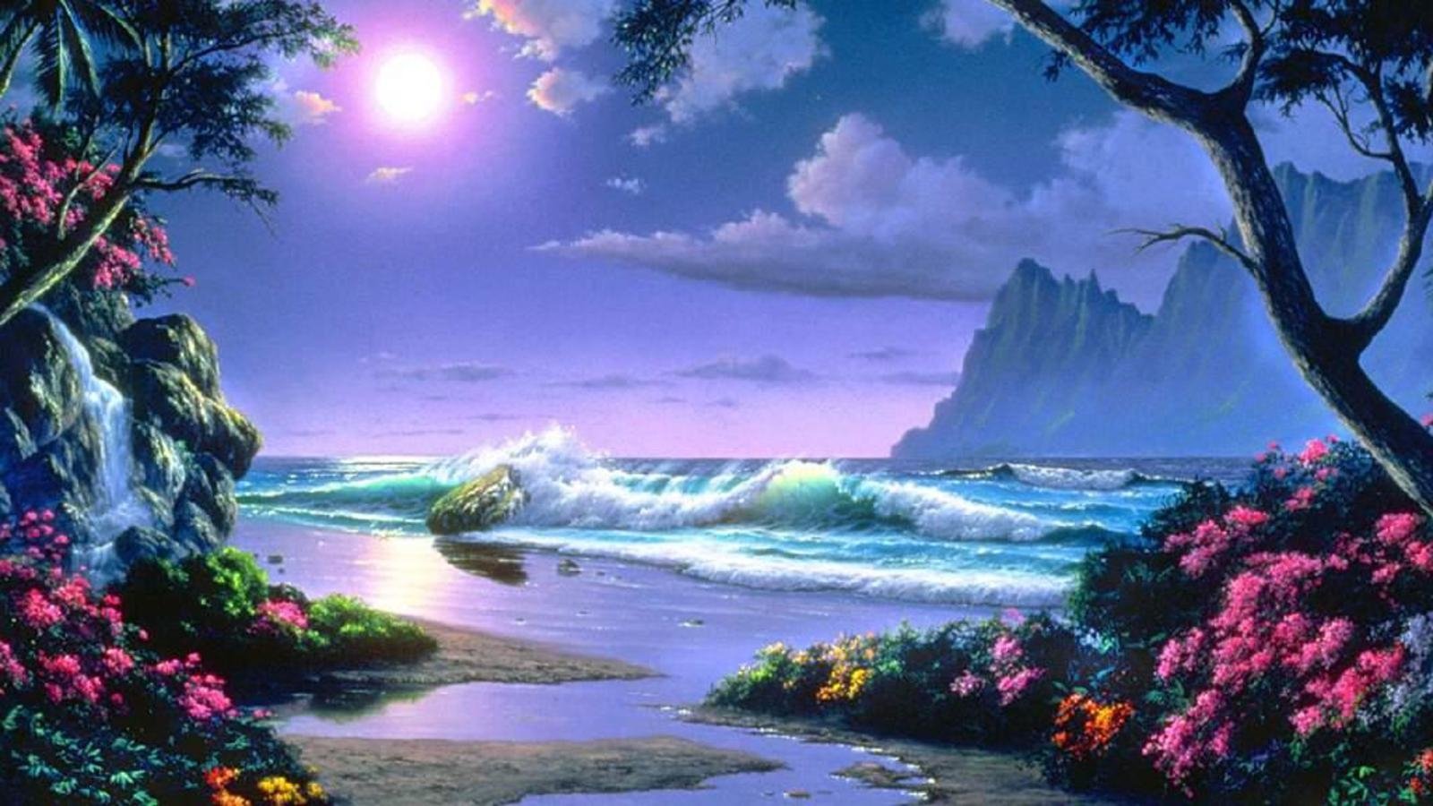 A vibrant fantasy landscape featuring a serene beach, gentle ocean waves, and colorful flowers under a glowing sunset, framed by lush greenery and distant mountains.