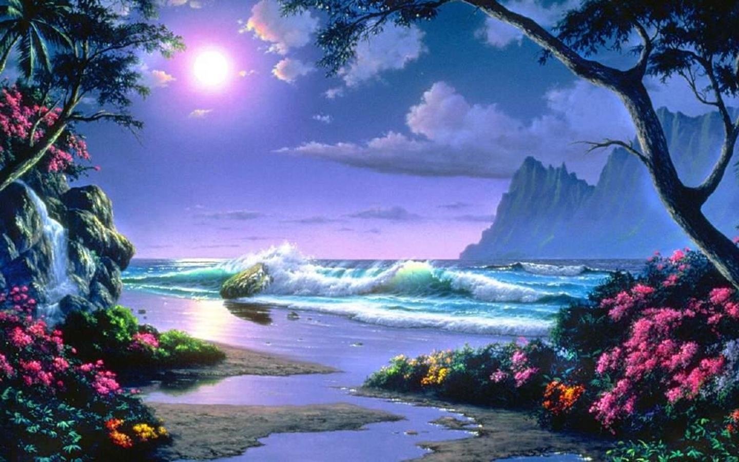 Artistic beach scene at twilight with glowing moon, vibrant flowers, crashing waves, and silhouetted trees framing the tranquil shoreline.