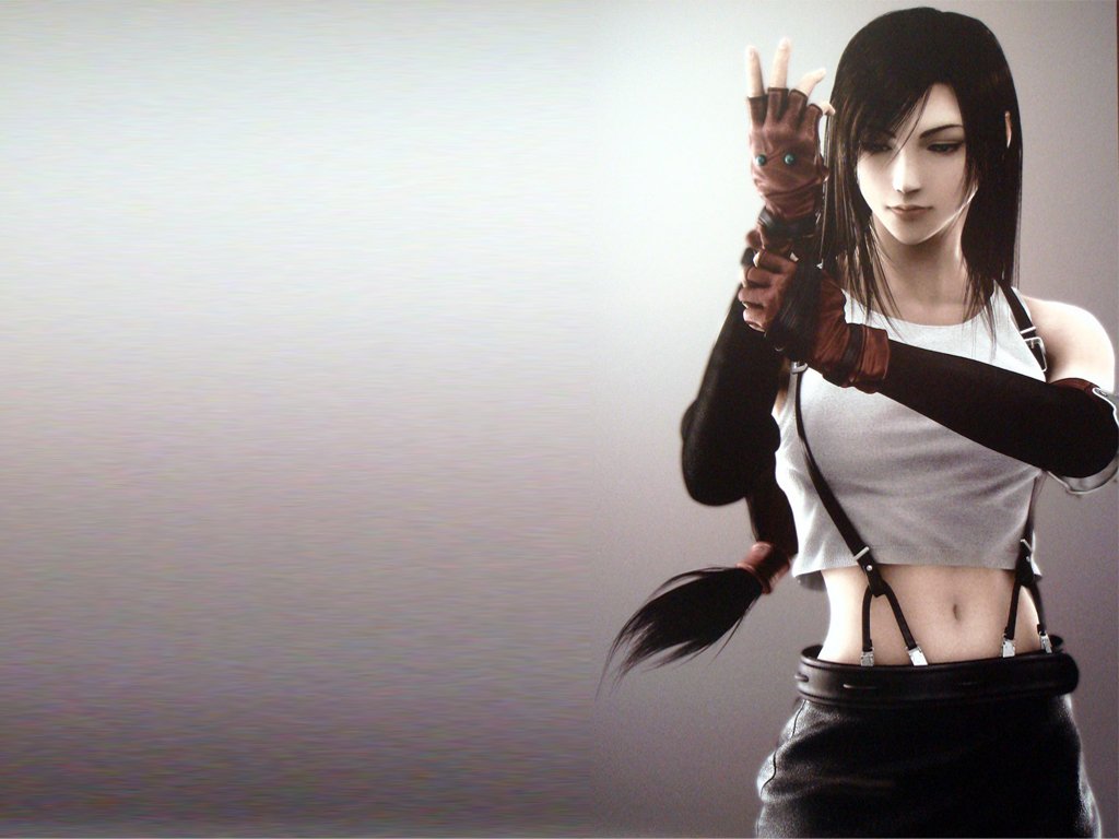 Tifa Lockhart, a prominent character from the video game Final Fantasy VII, stands confidently, showcasing her iconic style with a determined expression.