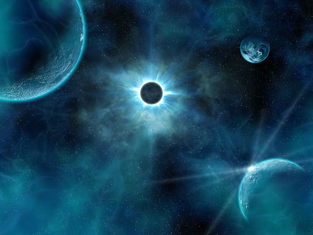 A vivid sci-fi depiction of an eclipse in space, featuring a darkened planet surrounded by bright celestial bodies and an ethereal blue atmosphere.