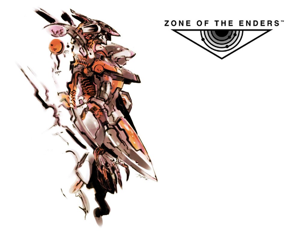A dynamic illustration from the video game Zone Of The Enders, featuring a sleek mech with intricate details and the game's logo prominently displayed.