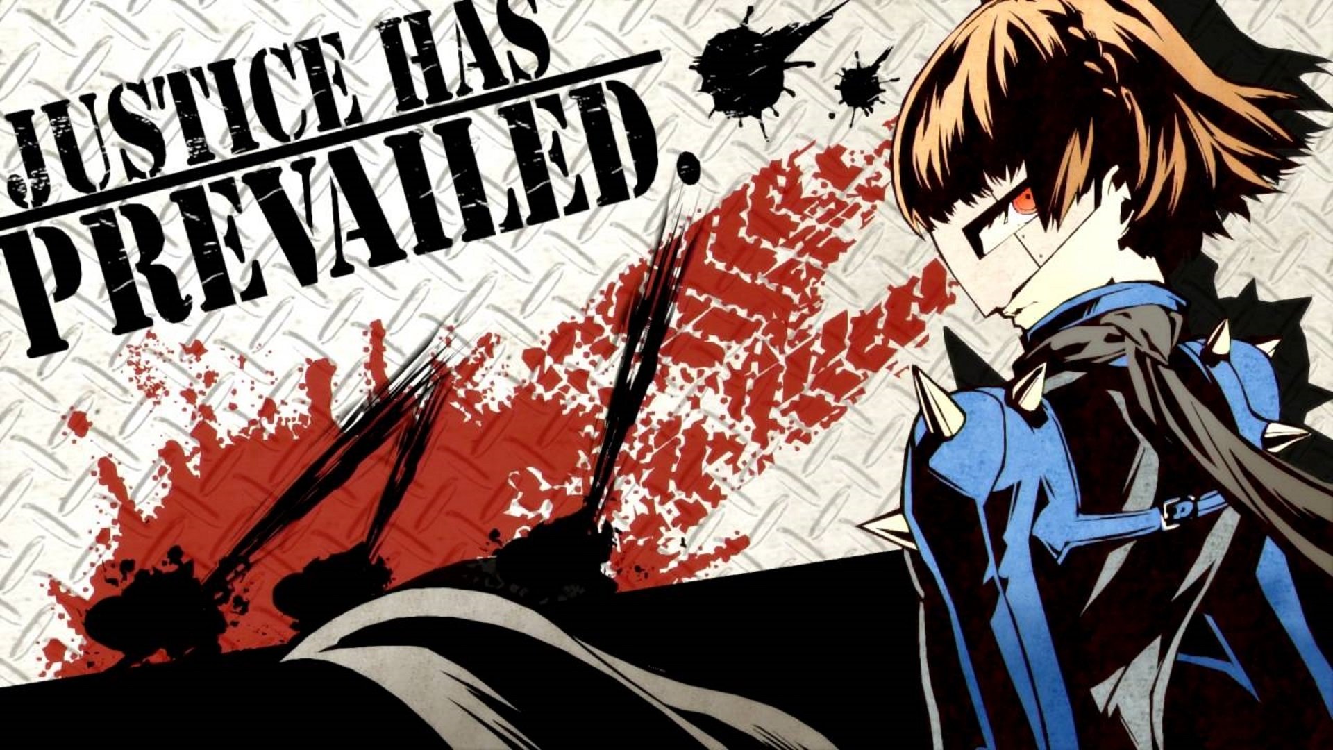 Illustration from the video game Persona 5 showing a character in a blue outfit with the text Justice Has Prevailed against a splattered red and black background.