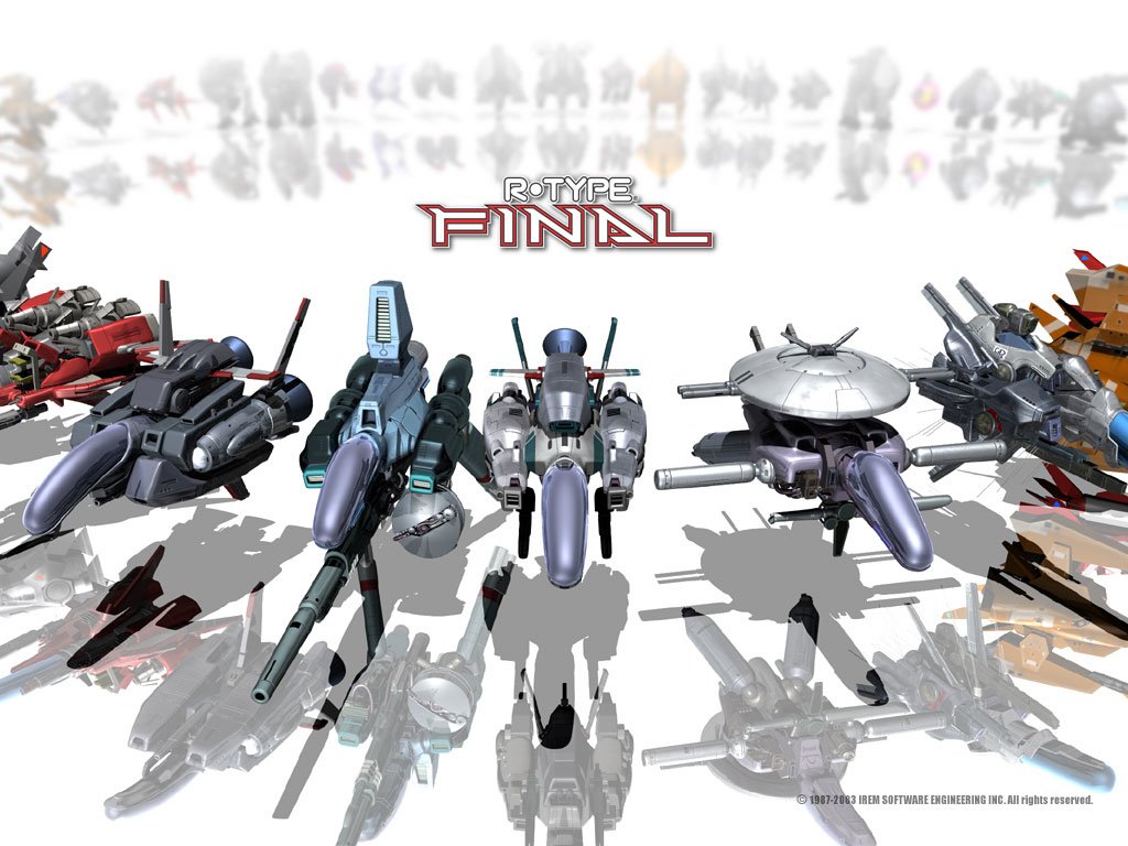 A lineup of futuristic spaceships from the video game R-Type Final showcased in a symmetrical arrangement with their reflections visible on a white surface.
