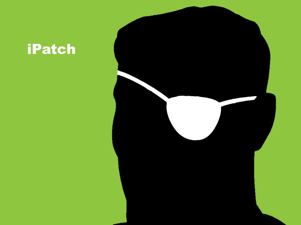 A humorous silhouette of a face wearing a white eye patch, labeled iPatch, set against a vibrant green background, creating a playful and amusing visual.