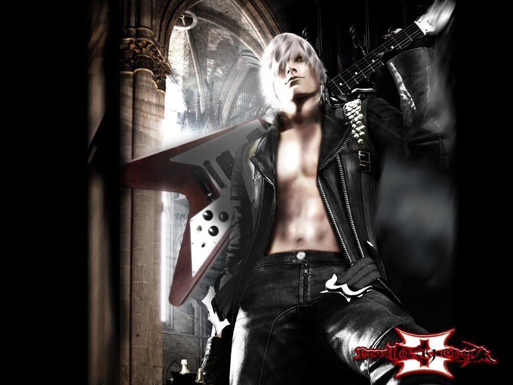 Dante from Devil May Cry 3: Dante's Awakening stands confidently in a dramatic setting, wielding his signature guitar against a gothic backdrop, embodying the game's edgy style.
