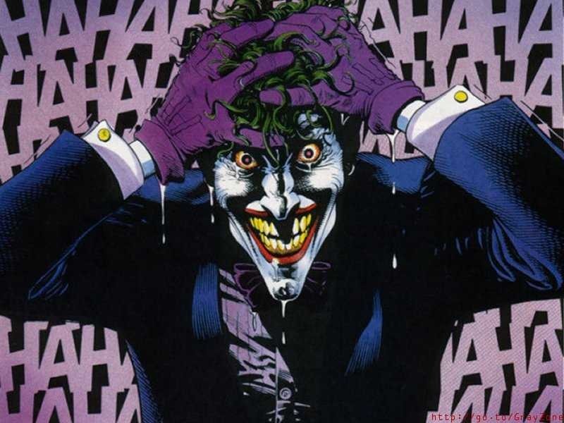 The Joker from *Batman: The Killing Joke*, displaying a manic expression with green hair and a purple suit, surrounded by a backdrop of chaotic laughter.