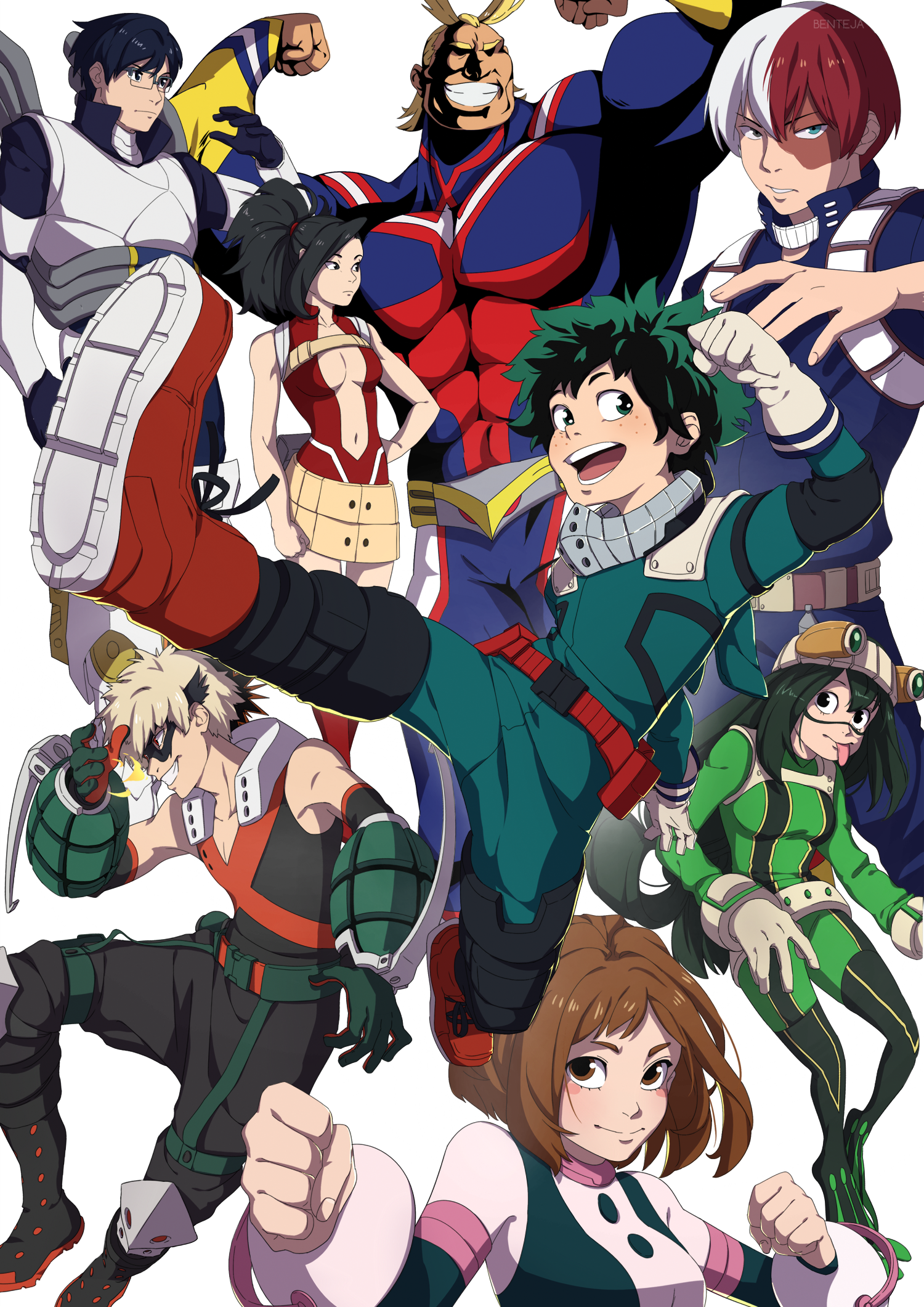My Hero Academia anime group: Izuku Midoriya front with Ochaco Uraraka, Momo Yaoyorozu, Shoto Todoroki, Katsuki Bakugou and All Might in vibrant hero costumes.