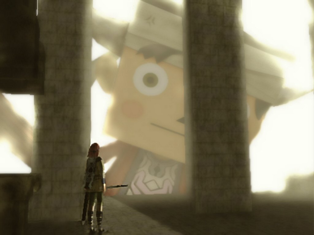A character stands inside a worn stone structure, facing a giant illuminated face resembling Ico from the video game Shadow of the Colossus.