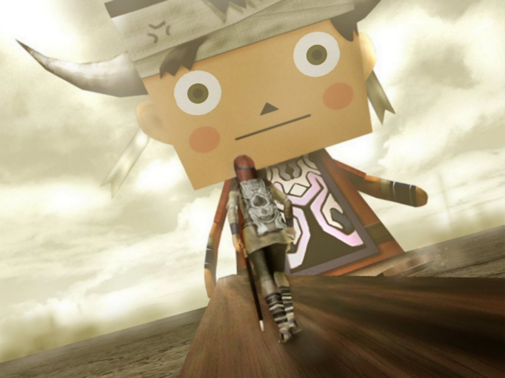 A character from Shadow of the Colossus encounters a large, stylized face resembling Ico from the video game series in a surreal, sepia-toned environment.