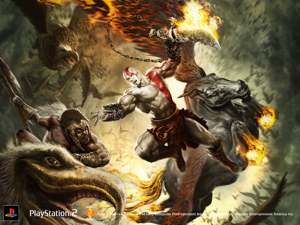 Kratos battles mythical creatures in a dramatic scene from God of War II, showcasing intense action and epic visuals from the iconic video game series on PlayStation 2.