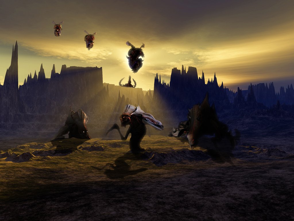 Dark landscape at sunset with menacing Hydralisk creatures from the video game Starcraft emerging and flying against jagged mountain silhouettes.