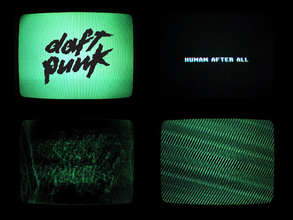 A series of vintage television screens display Daft Punk's logo and the phrase HUMAN AFTER ALL, immersed in a green glow, reflecting the band's iconic electronic music style.