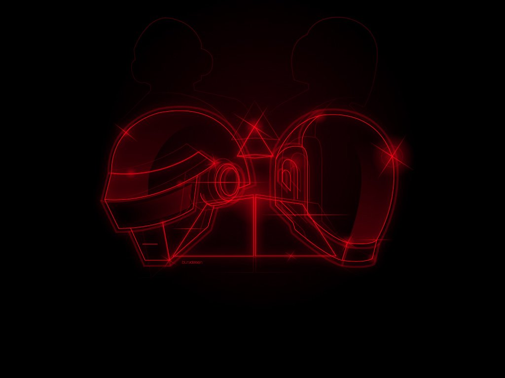 A striking, minimalist design featuring the iconic helmet silhouettes of Daft Punk, illuminated in red against a black background, capturing the essence of their music and style.