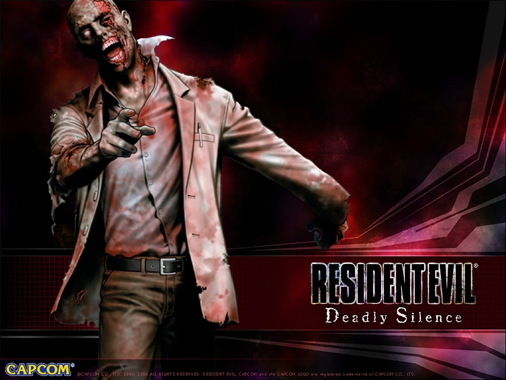 An eerie zombie from the video game Resident Evil: Deadly Silence, portrayed in a dramatic pose against a dark, atmospheric background.